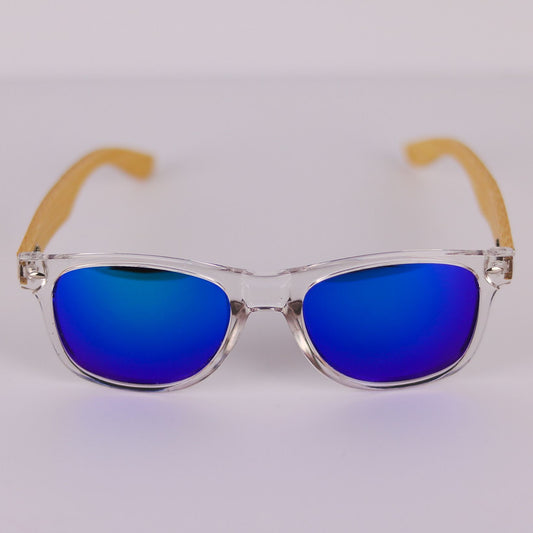Detalle Frontal transparente lentes azules y patillas bambú gafas de sol modelo TYRION ROSS